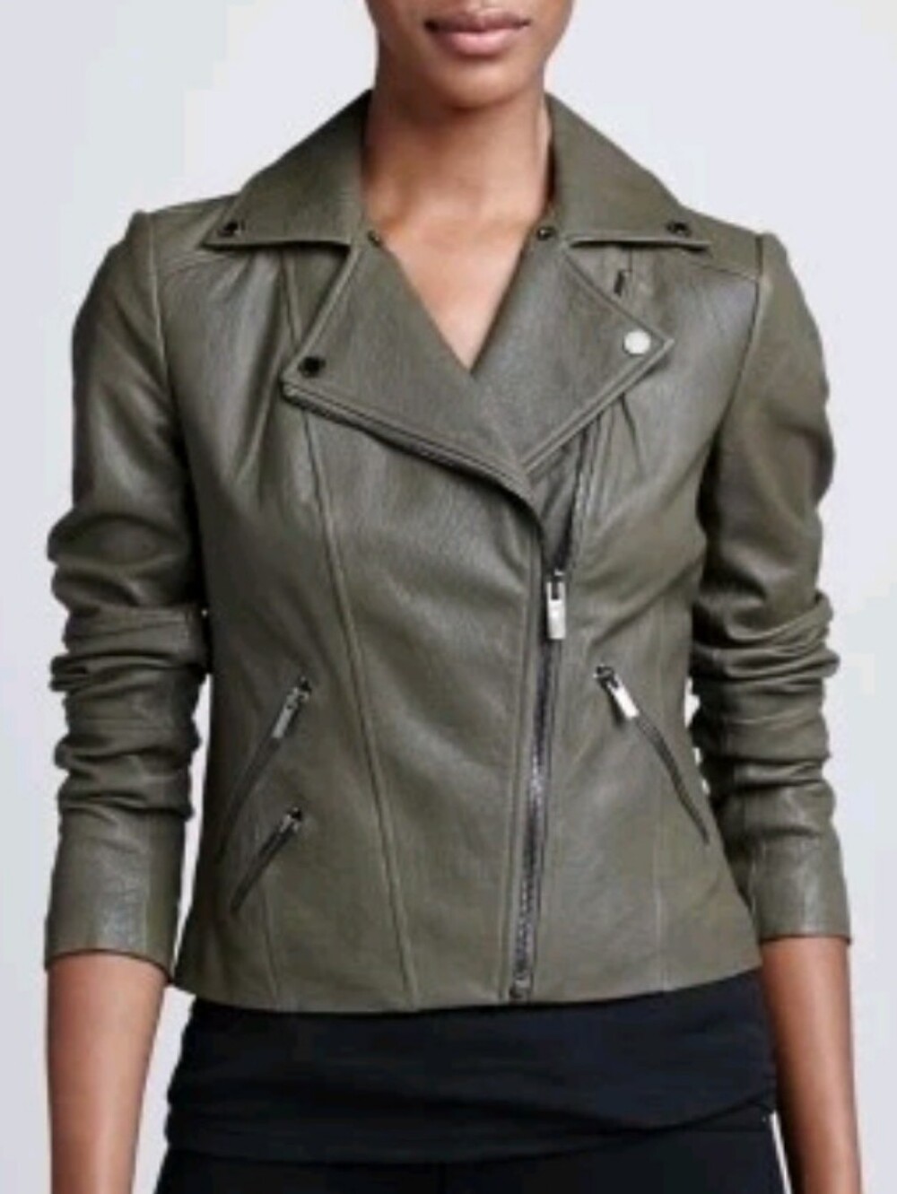 BCBGMaxAzria Army Green Moto-Style Leather Jacket